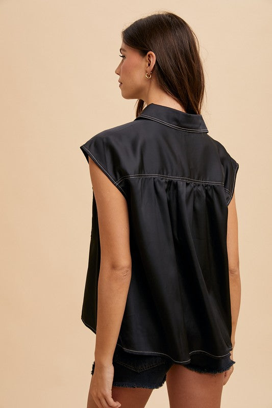 Satin Black Button Down
