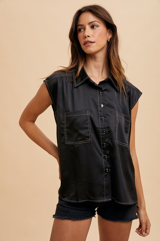 Satin Black Button Down