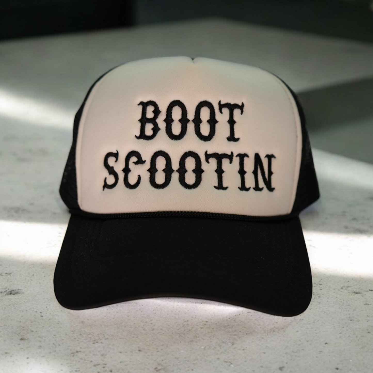 Boot Scootin Trucker Hat - Black Embroidery