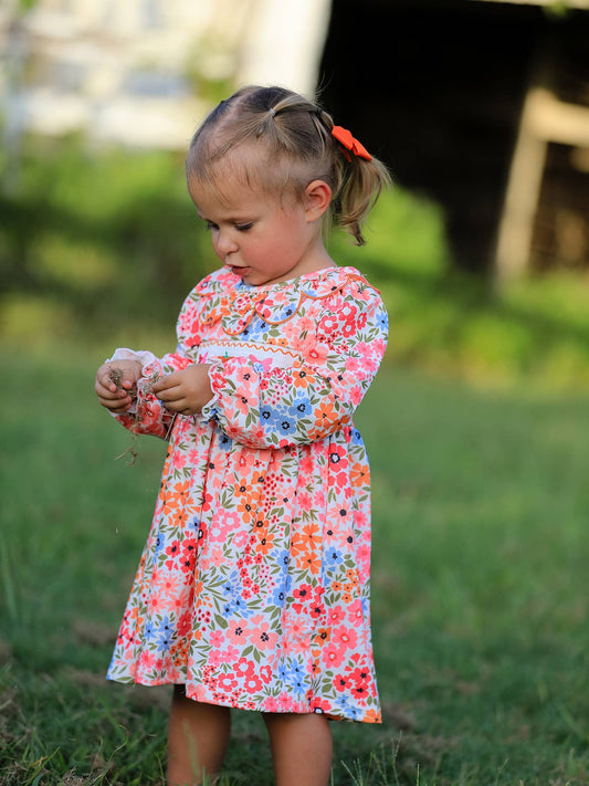 Girl Pumpkin Smock Embroidered Floral Dress