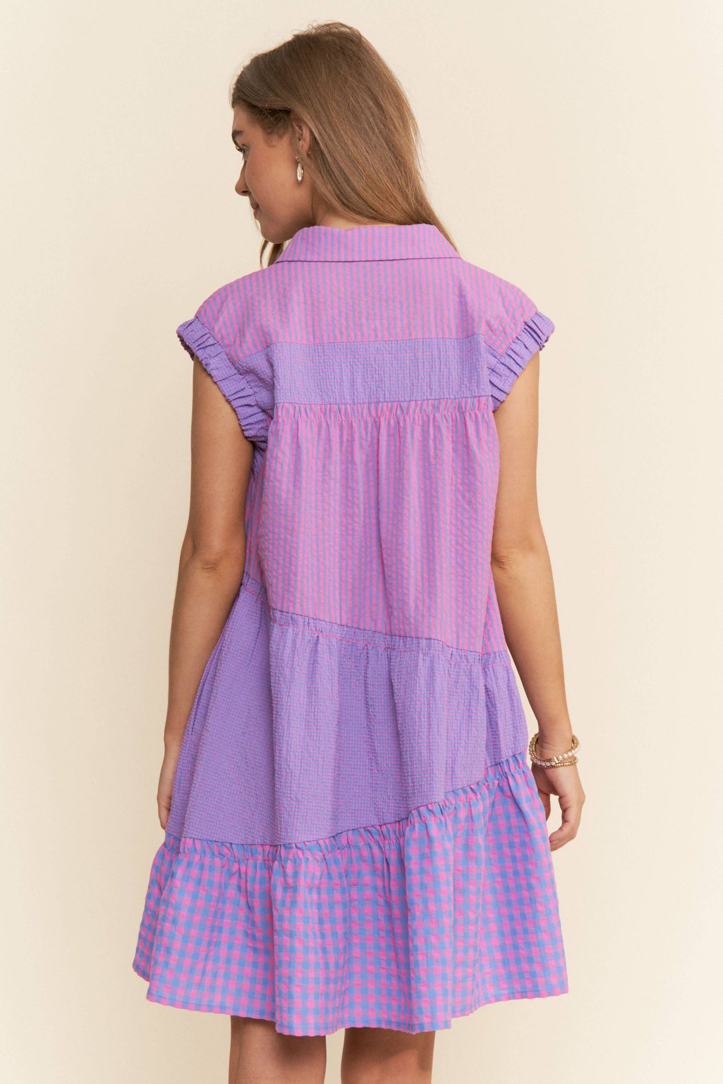 Multi Pattern Tiered Short Sleeve Tunic Dress