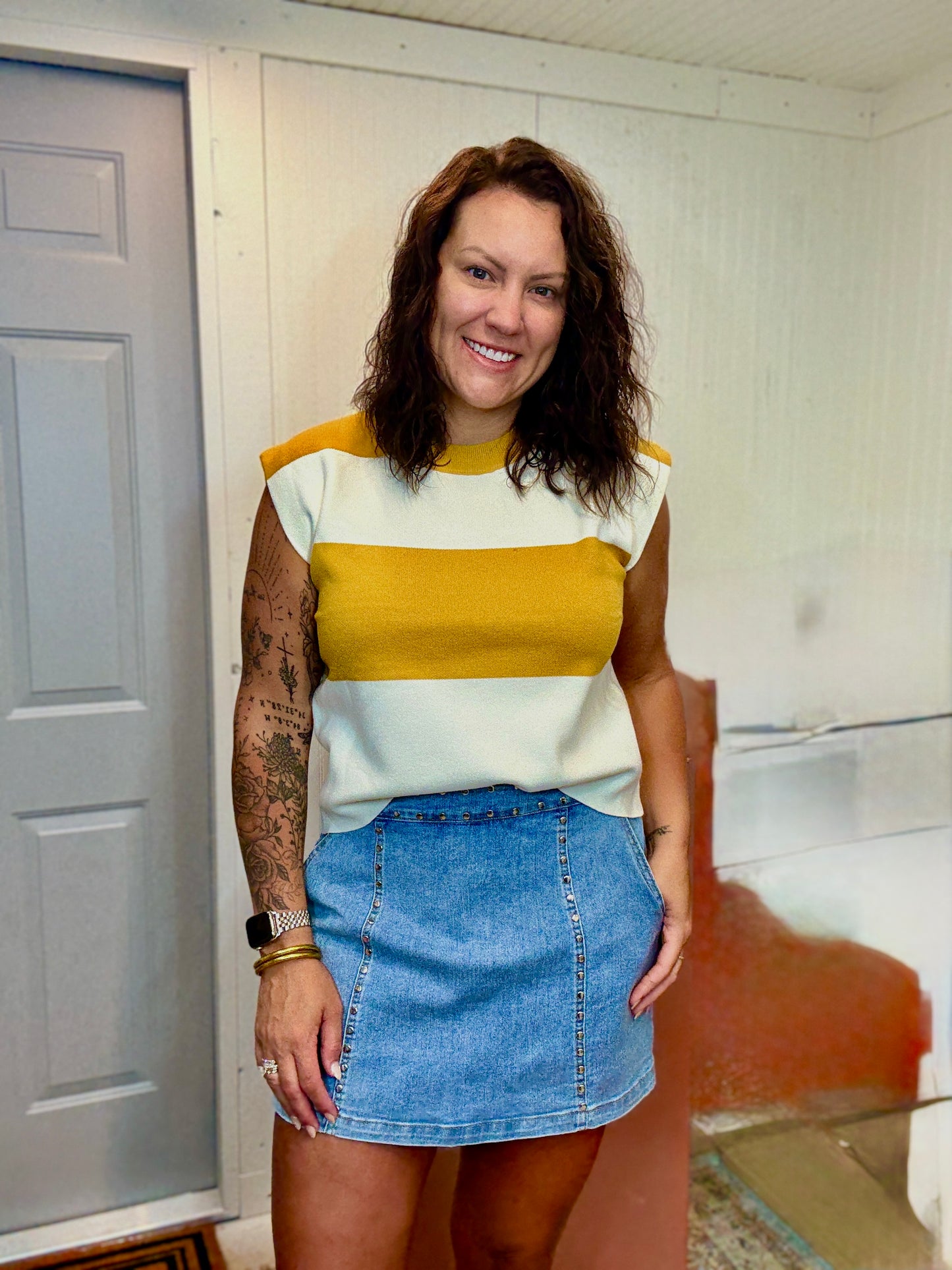Mustard Stripe Color Block Sleeveless Vest