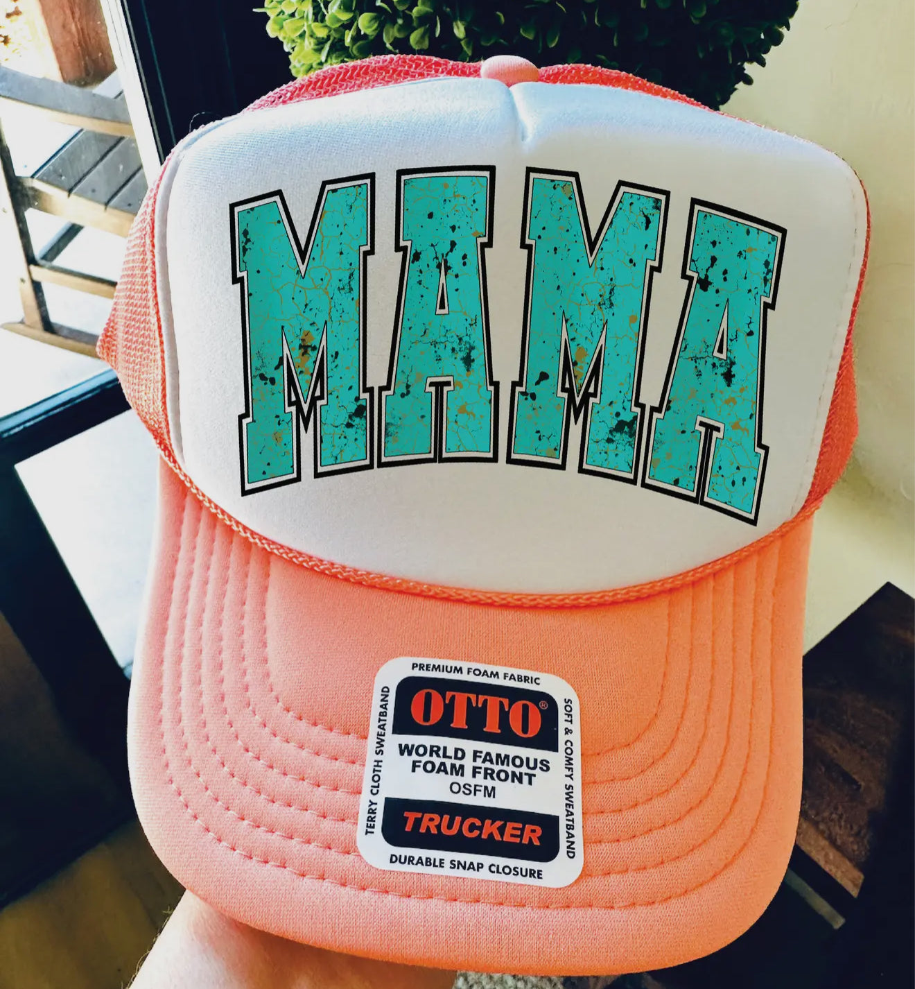 Mama Turquoise on Coral and White Trucker Hat