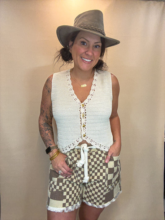 Washed Checkerboard Printed Denim Shorts