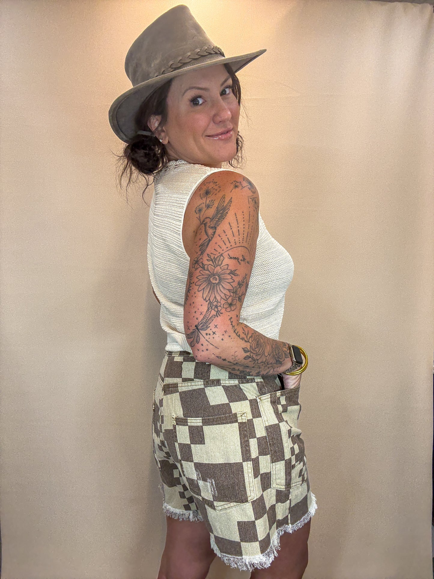 Washed Checkerboard Printed Denim Shorts
