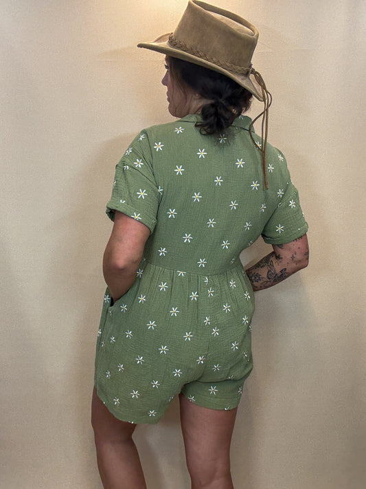 Flower Embroidered V Neck Romper