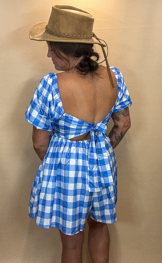 Plaid Print Romper with Bow Back