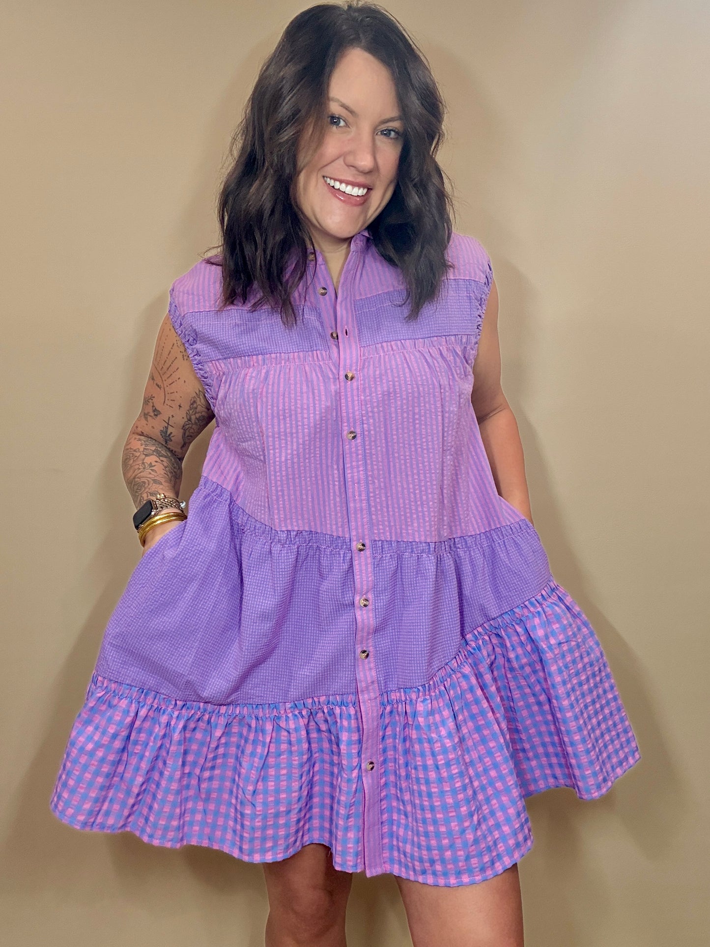 Multi Pattern Tiered Short Sleeve Tunic Dress