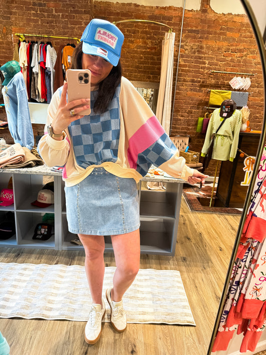 Stud Detail Elastic Back Denim Skort