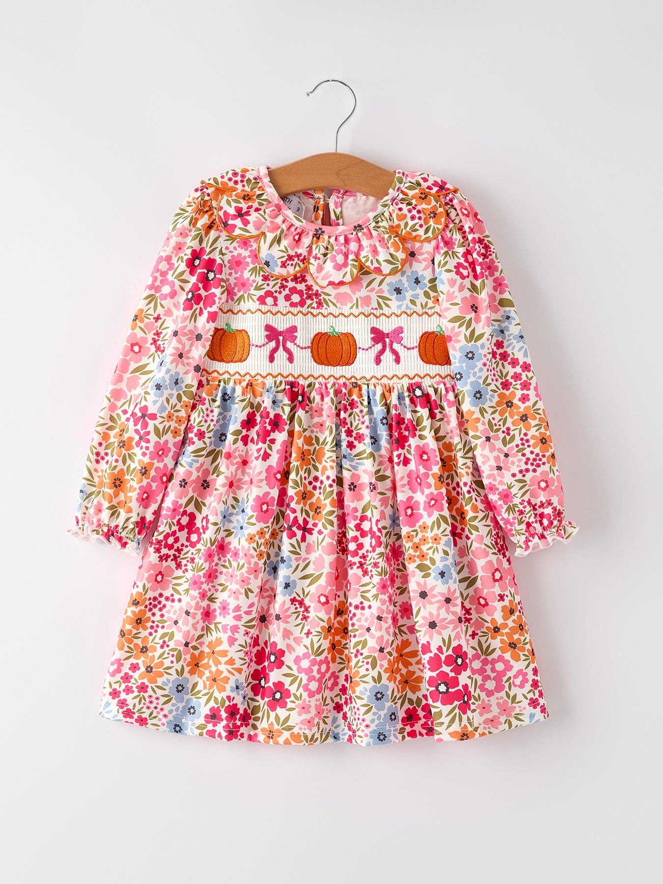 Girl Pumpkin Smock Embroidered Floral Dress