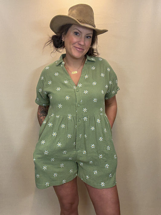 Flower Embroidered V Neck Romper