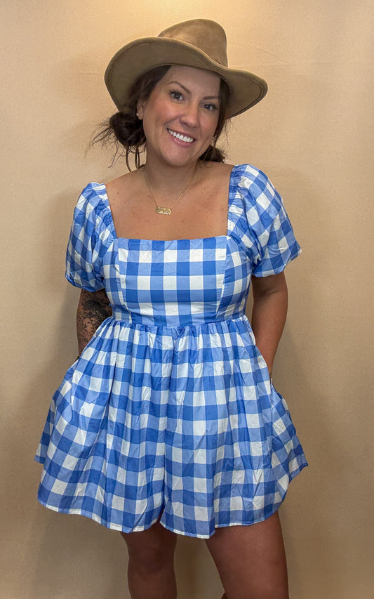 Plaid Print Romper with Bow Back