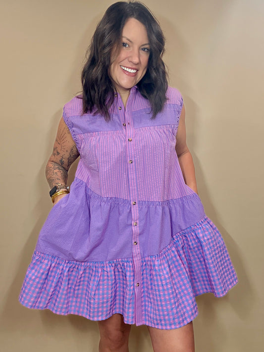 Multi Pattern Tiered Short Sleeve Tunic Dress