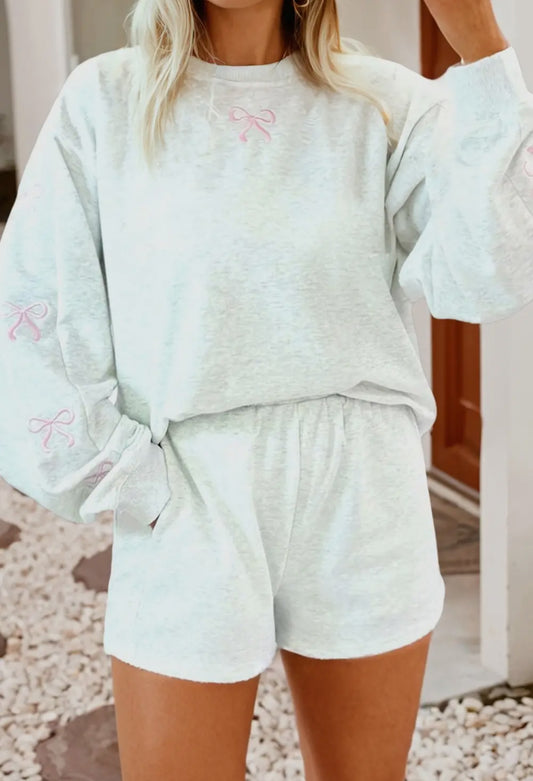 Bow Embroidered Puff Sleeve 2pc Set