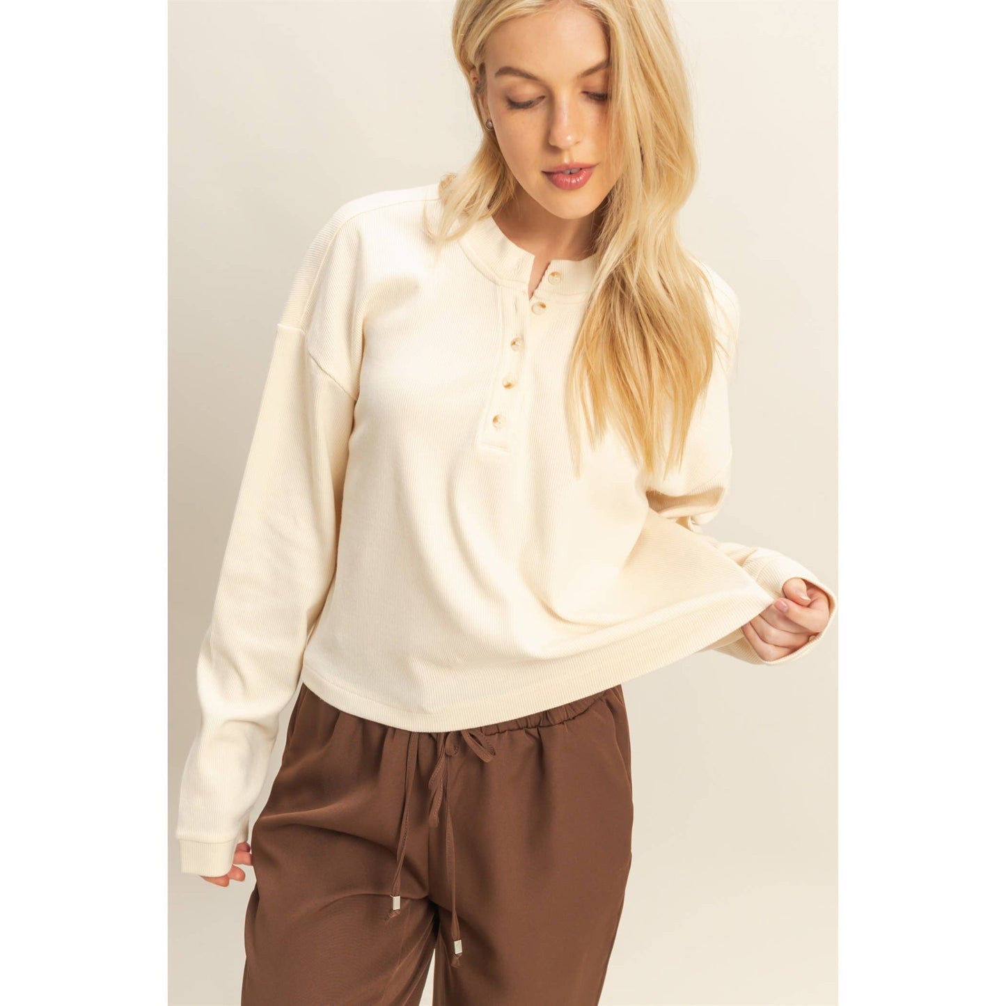 Mineral Washed Long-Sleeve Henley Top