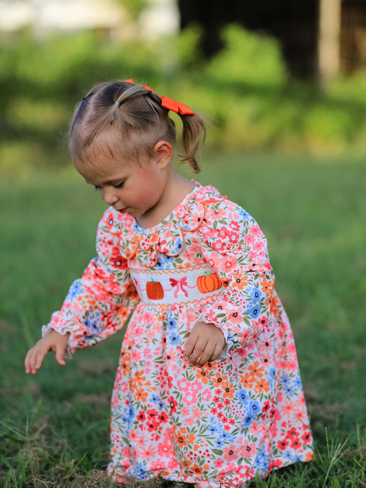 Girl Pumpkin Smock Embroidered Floral Dress